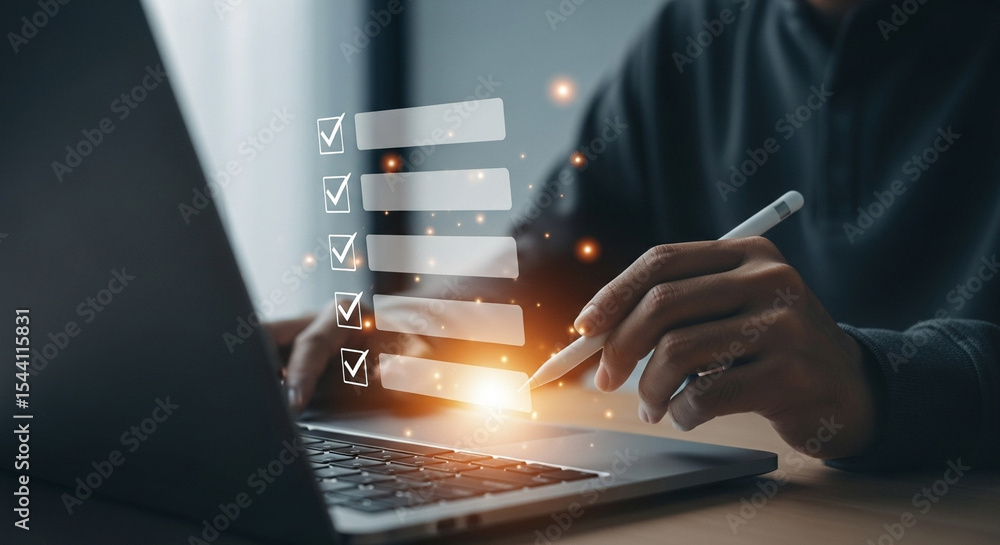 Poster person completing online checklist with digital pen on laptop with glowing light effect overlay 100c