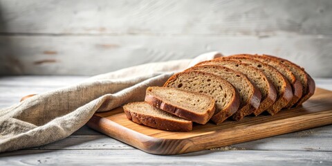 Crisp sliced rye bread on a wooden cutting board with a soft white linen cloth background , rye, crumby