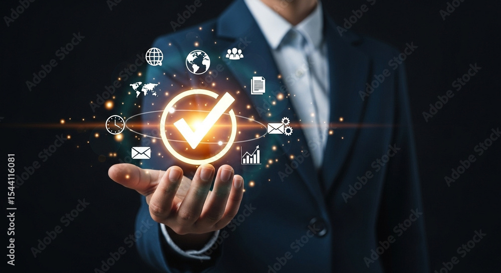 Poster a businessman holding a glowing checkmark surrounded by digital icons in a dark studio setting