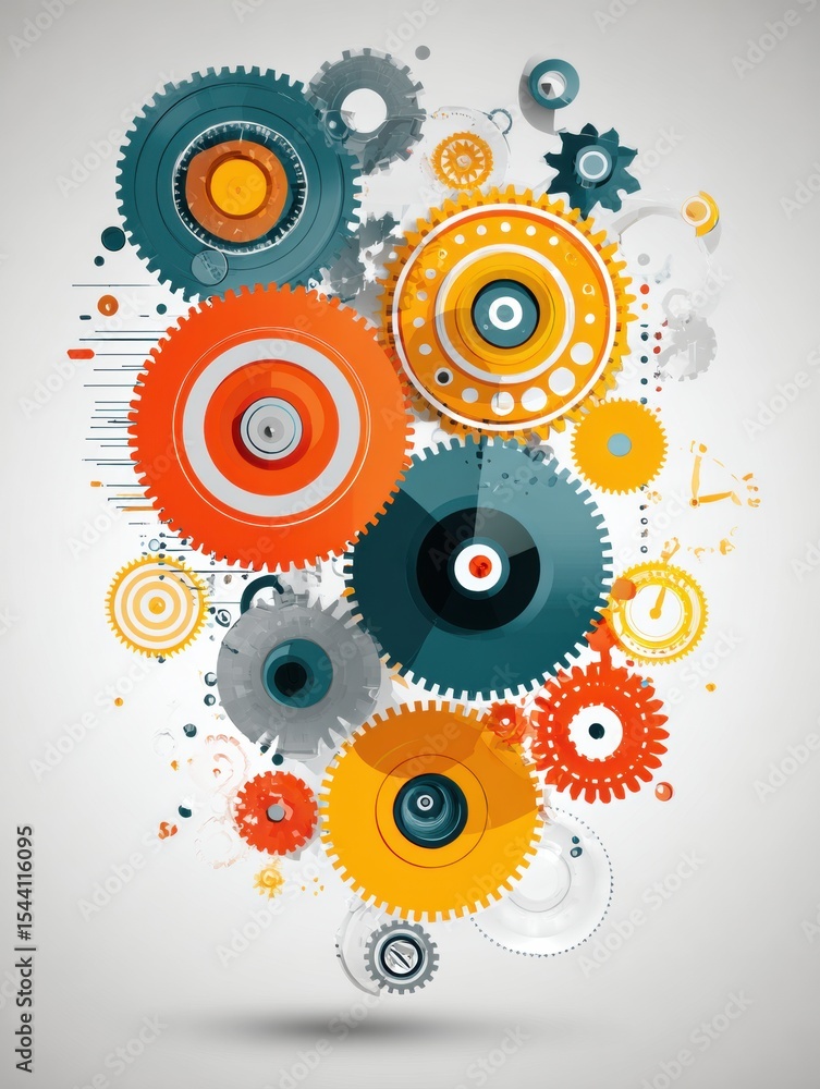 Fototapete Interlocking Cogs and Gears Create a Dynamic Abstract Composition in Vibrant Colors and Clean Layout