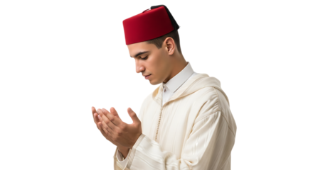 Young Muslim Man in Traditional Clothing Praying Isolated on Transparent Background Ramadan Observance Religious Devotion Spiritual Connection and Cultural Identity Faith and Tradition