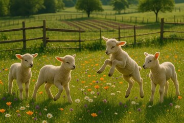 Playful lambs frolicking in organic pasture with wildflowers and sustainable farming practices