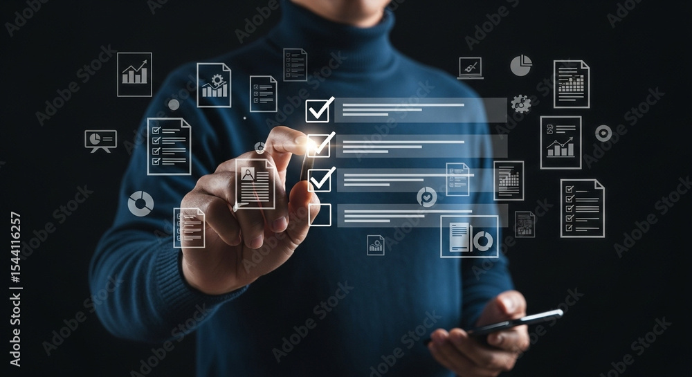 Poster person interacting with digital checklist and document icons on a dark background interface