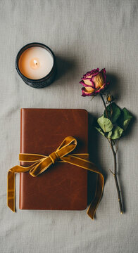 Flat Lay with Closed Journal with Velvet Ribbon, Dried Rose and Candle &ndash; Boho Romantic Still Life Portrait