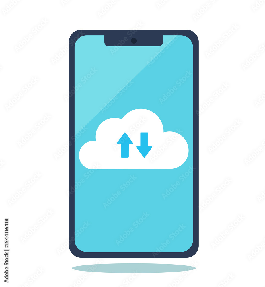 Fototapete cloud with transferred data on mobile screen. cloud has data sending and receiving arrows. illustrat