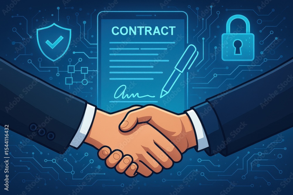 Poster strategic partnership handshake with digital contract signing and blockchain verification technology
