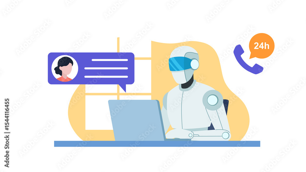 Poster artificial intelligence in communication with the customer. help desk opened 24 h. illustartion grap