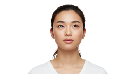 Young Asian Woman with Clear Skin and Dark Hair in White Shirt.