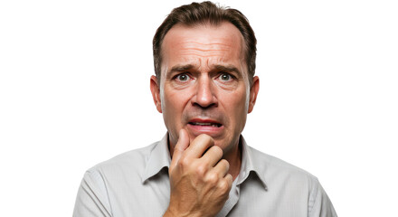 Worried MiddleAged Man with Hand on Chin Isolated.