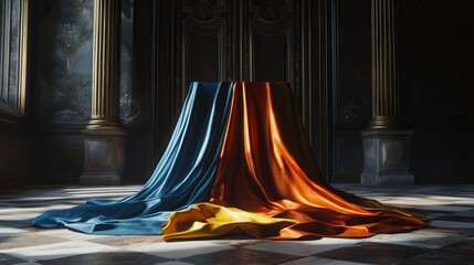 A draped table covered in colorful fabric in an antique room.