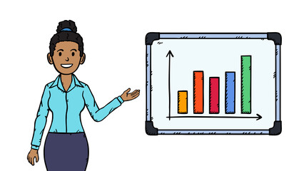 There is a bar graph on the flipchart.  Hand drawn illustartion graphic in cartoon style. Graphic with black comic outline. Businesswoman standing at flipchart and presenting data.