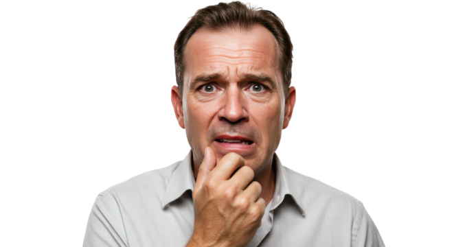 Worried MiddleAged Man with Hand on Chin Isolated.