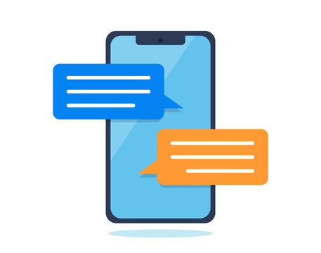Two speech bubbles from text message conversation. Communication via text message.  Illustartion graphics in flat design style. Text conversation on mobile phone screen. 
