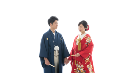 Japanese Couple in Traditional Kimono Isolated on Transparent Background Celebrating Love and Marriage Cultural Wedding Ceremony Symbolizing Harmony and Happiness Togetherness Family