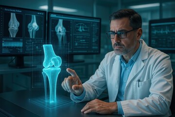 Advanced orthopedic specialist reviewing 3D holographic joint reconstruction with AI diagnostic tools
