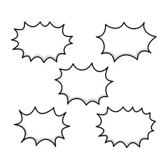 A set of five blank comic burst speech bubbles with jagged outlines and subtle shadows. Ideal for cartoon dialogue, explosive announcements, or dynamic text elements in graphic designs, presentations