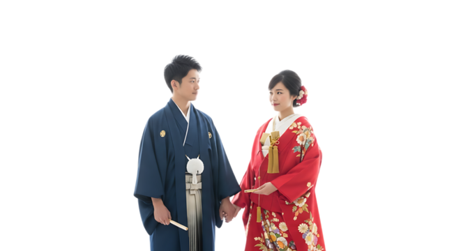 Japanese Couple in Traditional Kimono Isolated on Transparent Background Celebrating Love and Marriage Cultural Wedding Ceremony Symbolizing Harmony and Happiness Togetherness Family