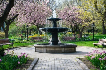 Park fountain with benches and blooming trees