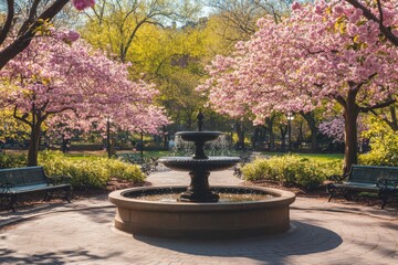 Cherry blossom fountain walkway in spring