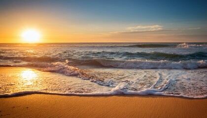 Obraz premium serene summer beach with waves and golden sunlight