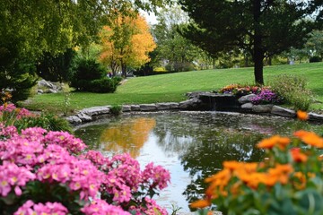 Garden with bright pink azaleas near pond