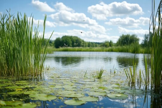 Spring wetland with pond and grasses