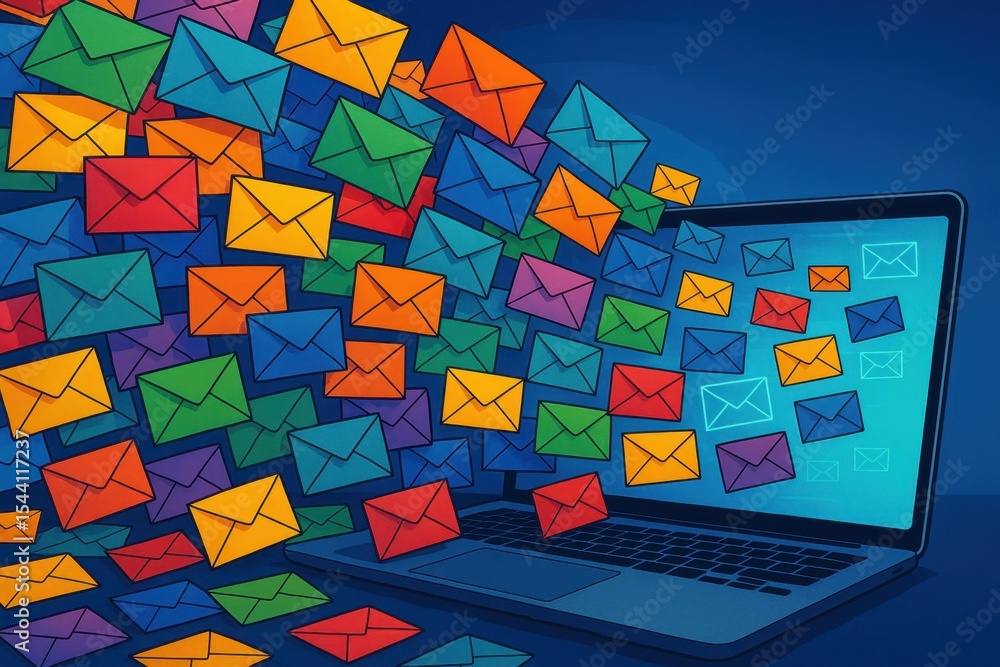 Poster digital communication concept with colorful email envelopes streaming into laptop computer screen