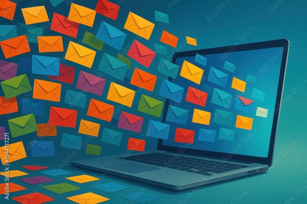 Poster digital communication concept with colorful email envelopes streaming into laptop computer screen