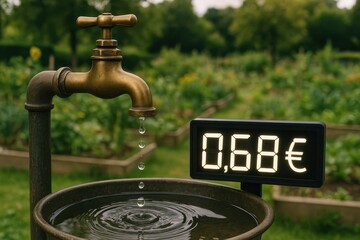 Water conservation campaign featuring dripping faucet with price meter in community garden