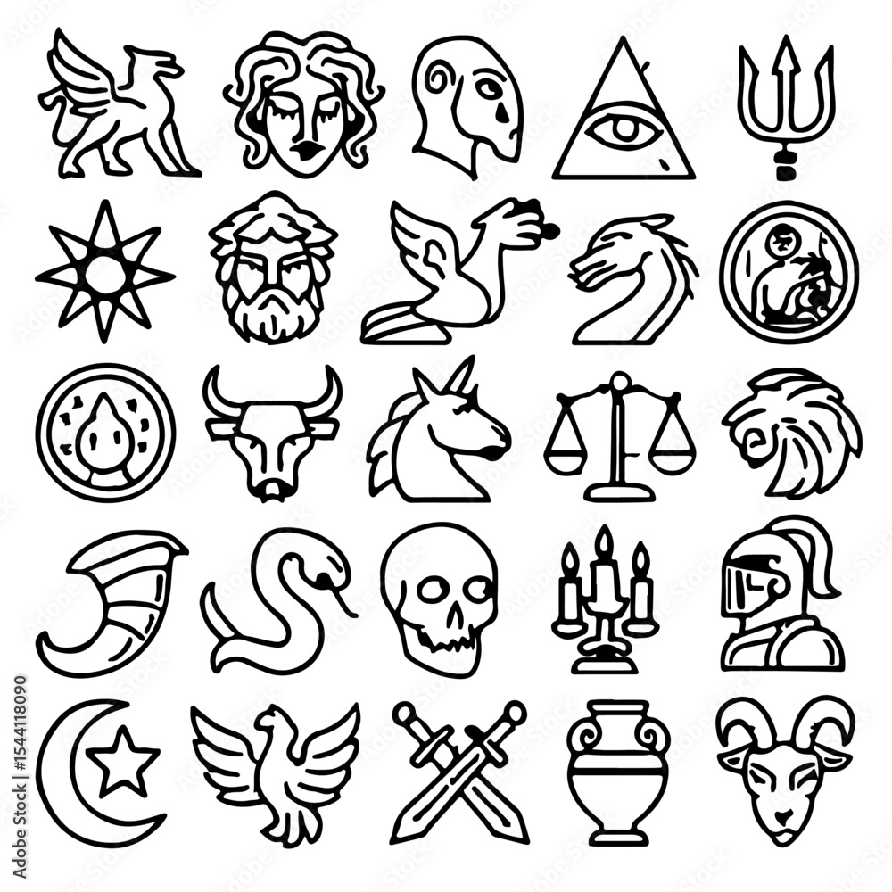 Poster a collection of various mystical and symbolic icons, each representing different concepts and ideas,