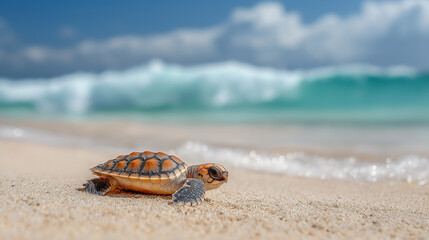 Small turtle crawls along sandy beach