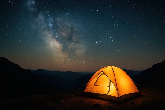 Mountain camping adventure with illuminated tent under starry night sky