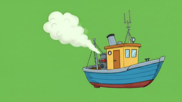Animated cartoon fishing boat steaming on green background