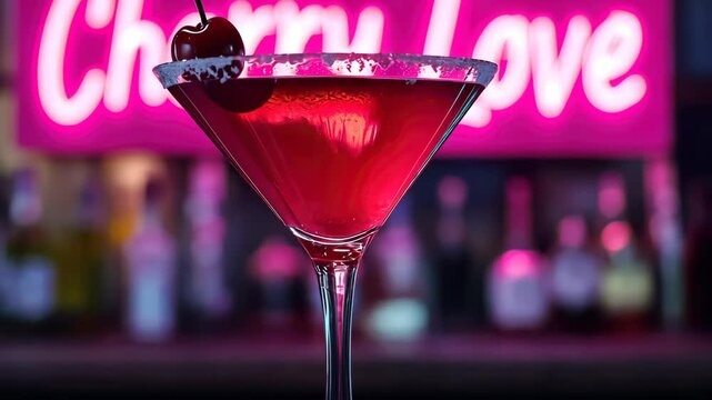 Vibrant cherry cocktail toast in neon lounge bar ambiance with unique glass garnish
