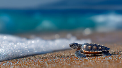 Small turtle making its way across the sandy beach