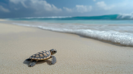 Small turtle crawls along sandy beach toward waves