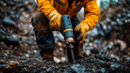 Fototapeta premium Construction worker operates an auger drill boring a hole in the earth for geothermal energy or well foundation. Groundwork and geo exploration activities preparing site for drilling project.