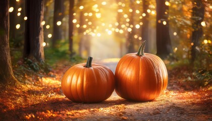 two pumpkins on autumn forest path with lights