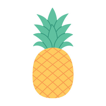Whole ripe pineapple with green spiky leaves and golden skin, isolated on white background. For tropical, summer, card, vacation, beach and healthy food design. Flat vector cartoon illustration.