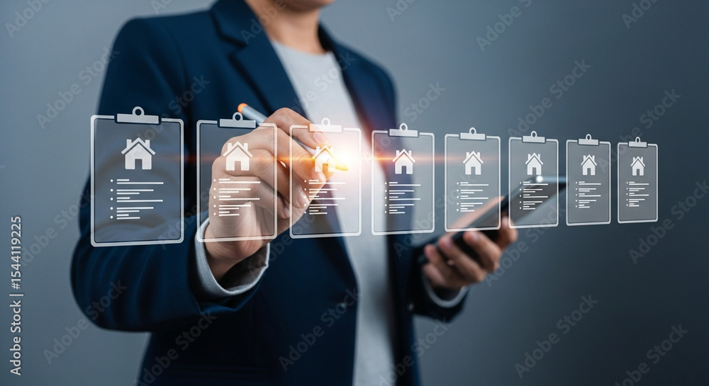 Poster person in suit pointing at virtual clipboards with house icons and document lists on a gray backgrou