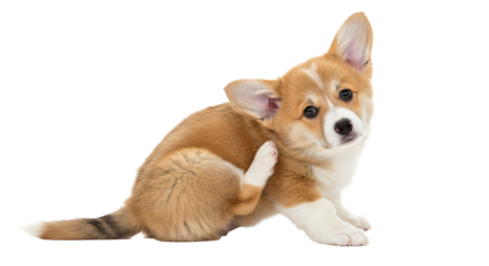 Puppy Scratching Ear Adorably on White Background