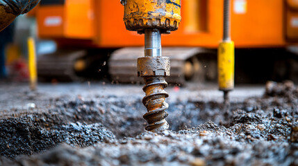 Construction worker operates an auger drill boring a hole in the earth for geothermal energy or well foundation. Groundwork and geo exploration activities preparing site for drilling project.