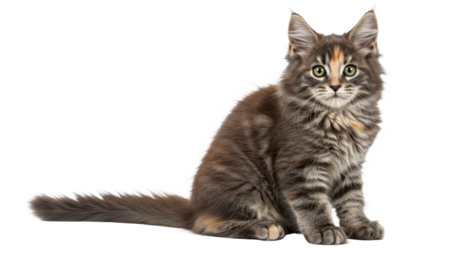 Cute Kitten Sitting and Looking at Camera on White Background