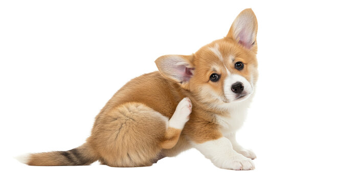 Puppy Scratching Ear Adorably on White Background