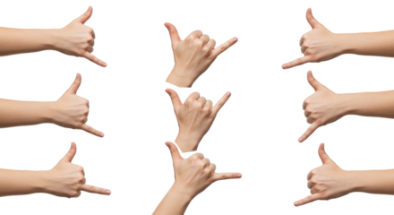 Multiple Hands Displaying Shaka Sign on White Background.