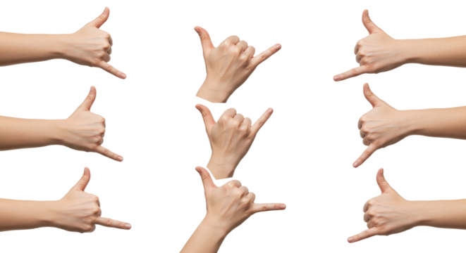 Multiple Hands Displaying Shaka Sign on White Background. - Powered by Adobe