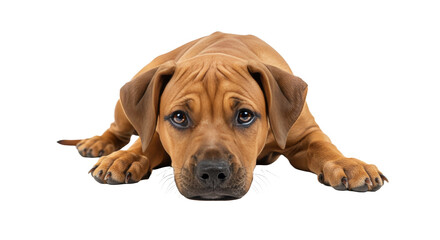 Obraz premium Lying Puppy Looking Sad on White Background