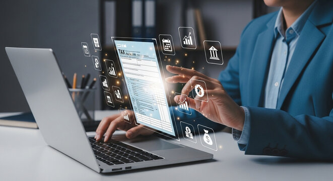 Person filling out tax form on laptop with financial icons surrounding the screen in a bright office - Powered by Adobe