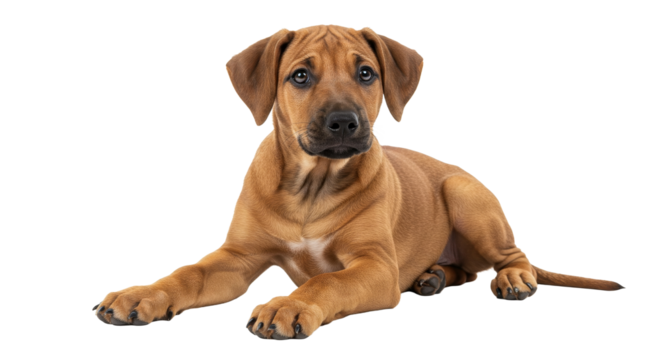 Dog Puppy Lying Down on White Background Looking Up