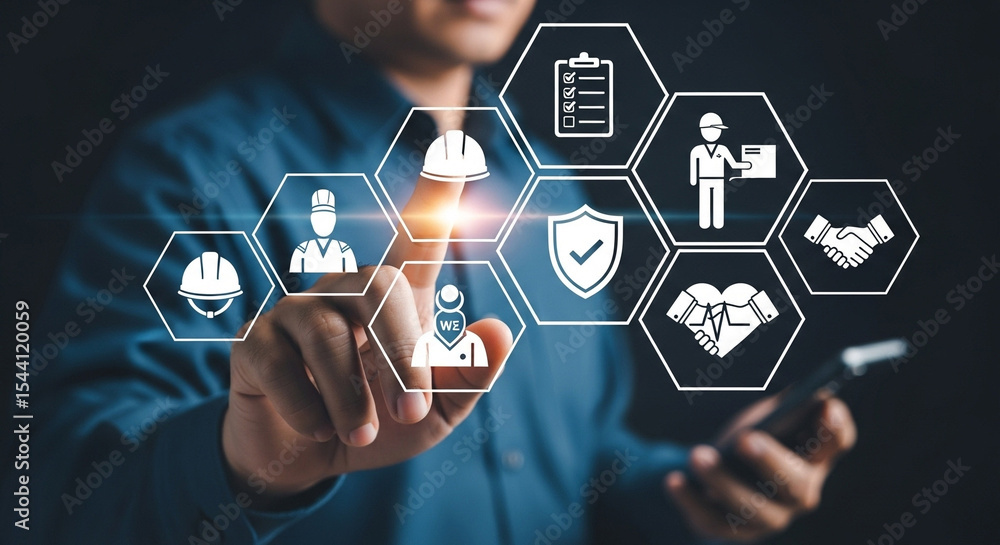 Poster Man interacting with safety and business icons on a digital interface with a dark background